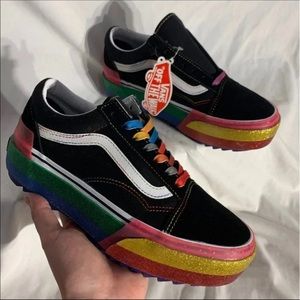 Vans Old Skool Stacked Platform Black White Multi Rainbow Pride Shoes